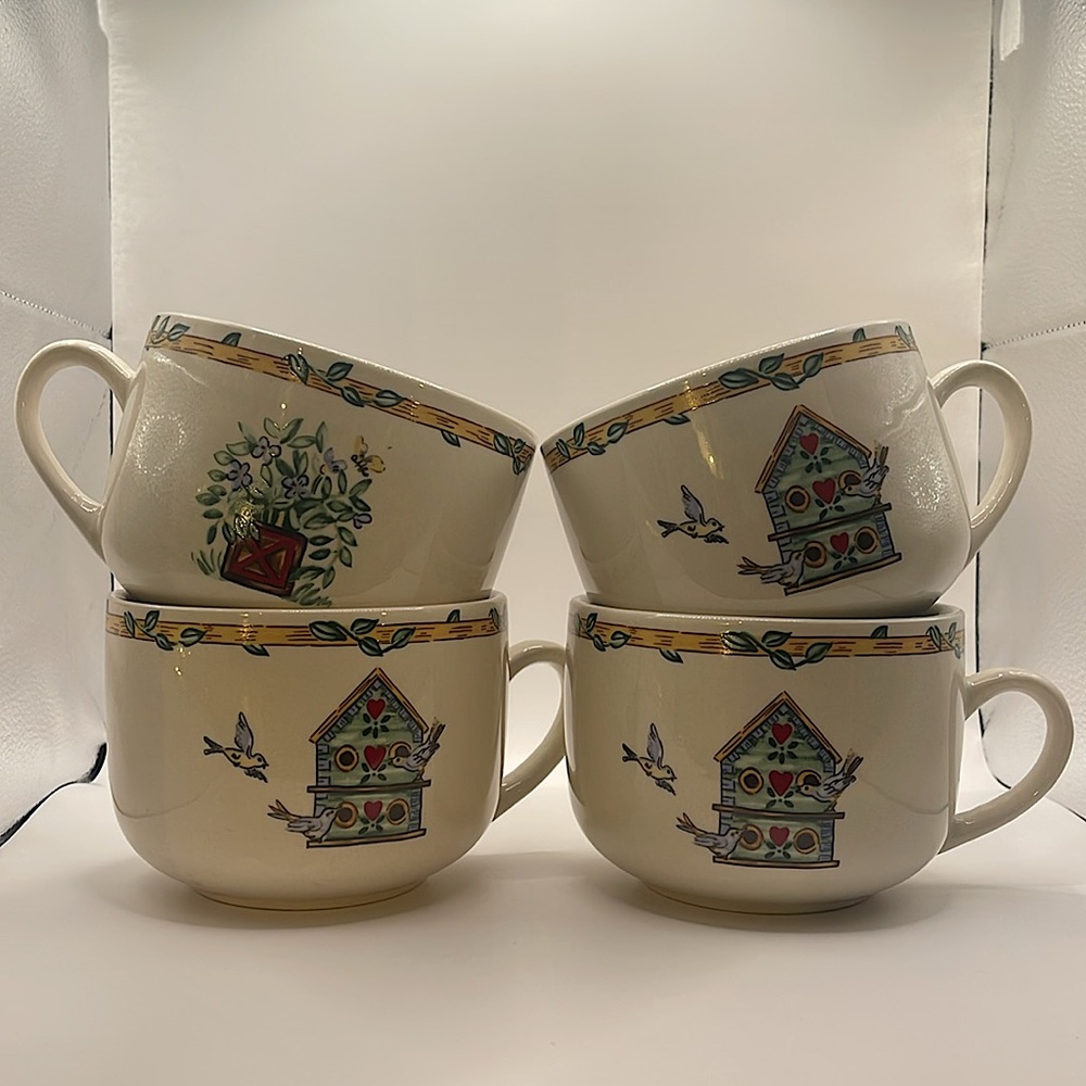 Thomson Pottery Birdhouse Soup/Coffee Mug Set of 4